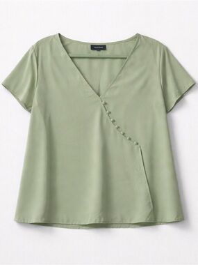 ModCloth Sage Green Faux-Wrap Blouse – V-Neck Button Detail Top (XL)